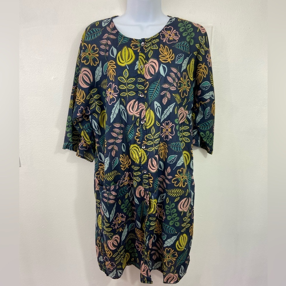 Gudrun Sjoden Women’s Shirt Dress Floral Organic Cotton Midi Medium Lagenlook
